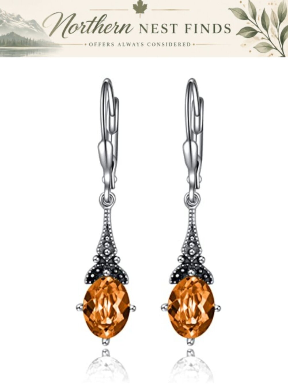 Sterling Silver Leverback Dangle Earrings with 8x6mm Oval Simulated Birthstone